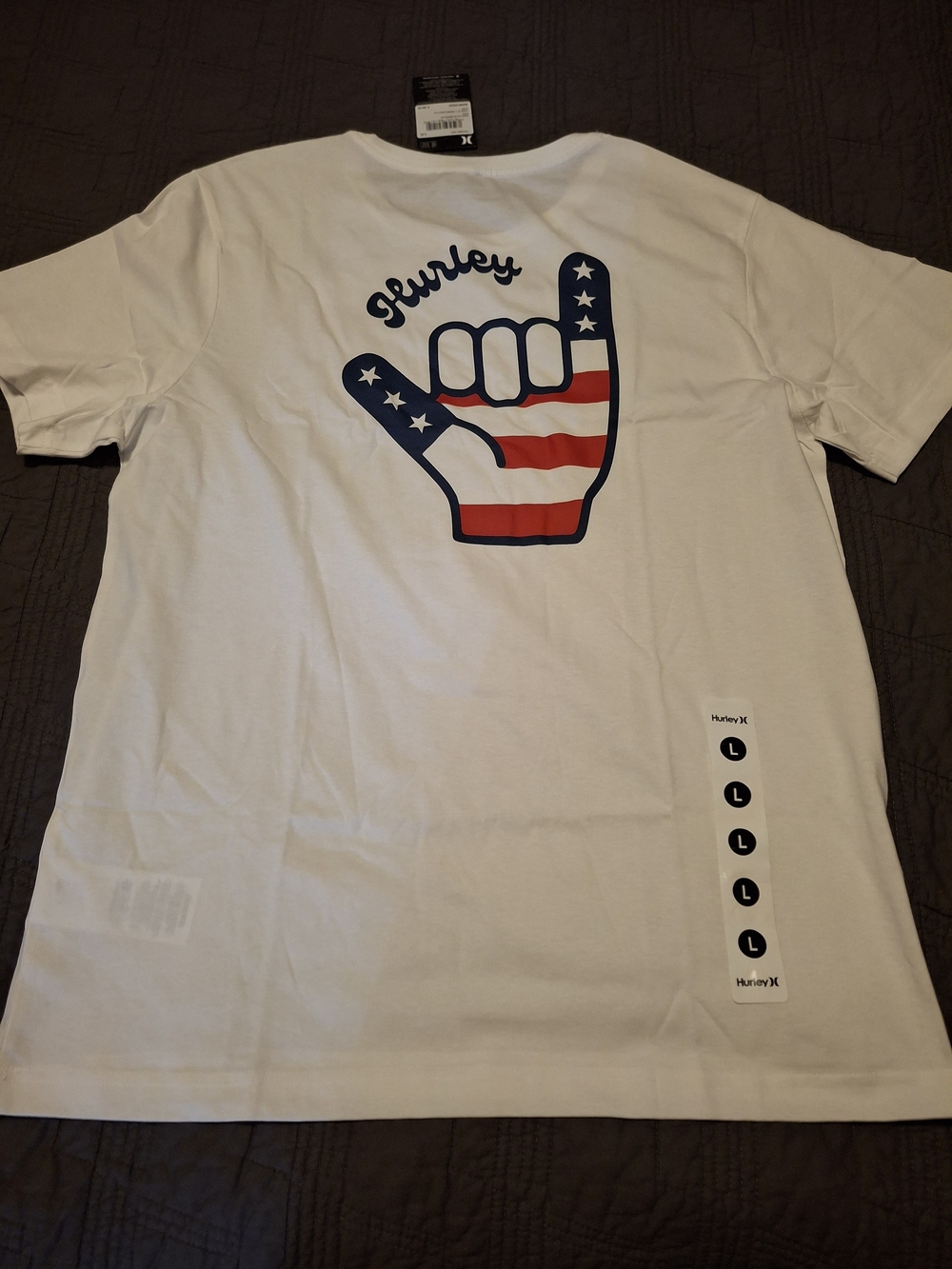 Hurley White Short-Sleeve Tee with Red & Blue American Shaka Graphic On Back  L